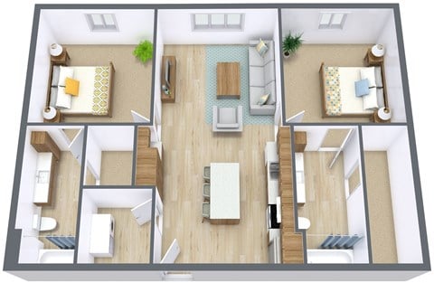 Floor plan for 2 beds, 2 baths, 1049 sqft
